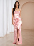 Pink Cowl Neck Prom Dress with Side Slit Elegant Spaghetti Strap Evening Gown for Formal Dance Events