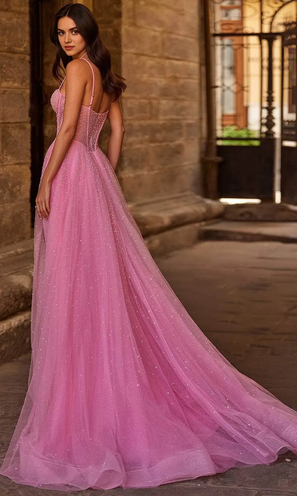 Pink Prom Dress with Spaghetti Straps Sheer Bodice High Side Slit - Ideal for Luxury Balls Galas and Evening Soirees in Foreign Trade Markets