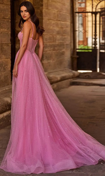 Luxurious Pink Beaded A-Line Classic-Neck Sleeveless Classic-Back Floor-Length Prom Dress