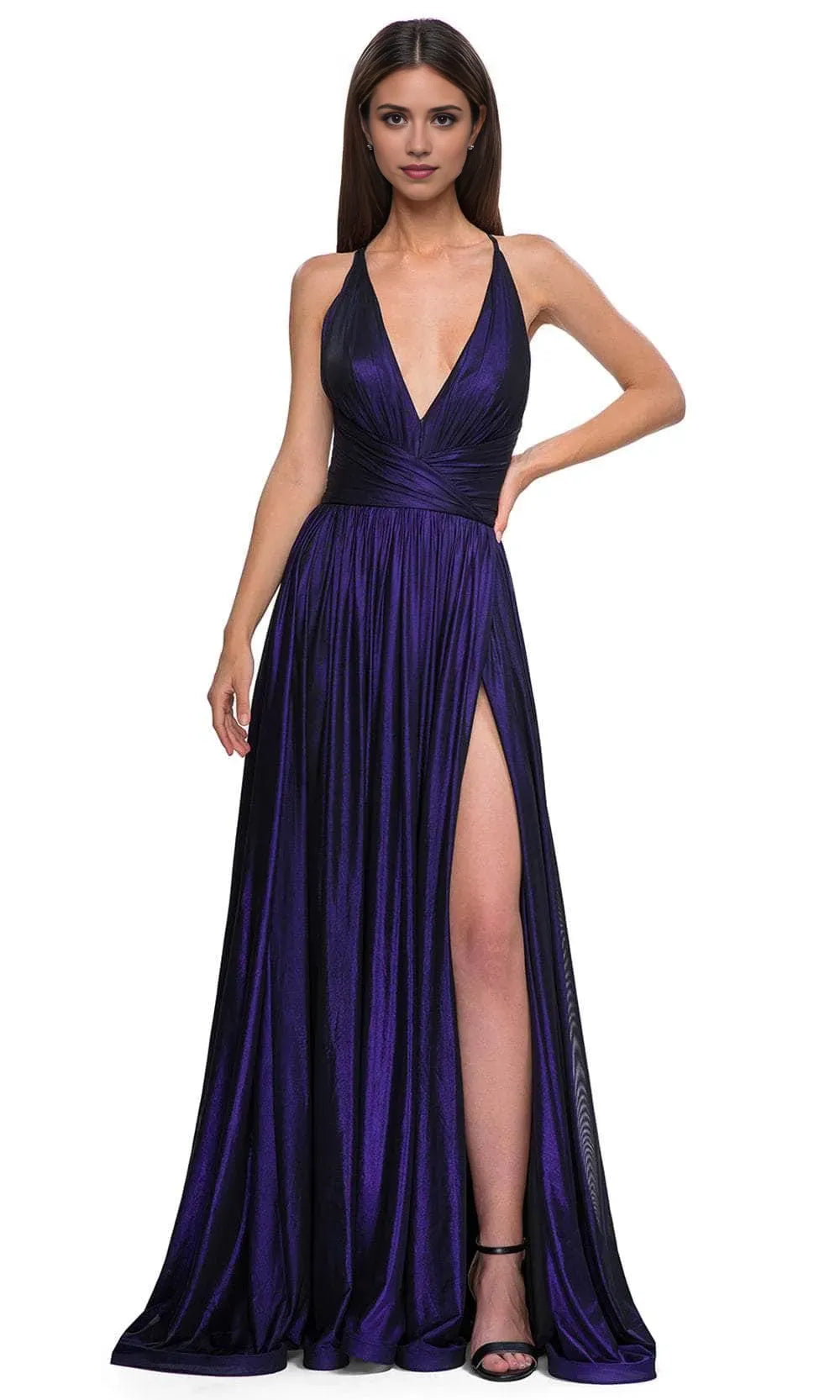 Purple Halter Neck Metallic Prom Dress with Deep V Neckline Wrap Around Bodice and High Side Slit for Formal Evening Galas
