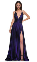 Purple Halter Neck Metallic Prom Dress with Deep V Neckline Wrap Around Bodice and High Side Slit for Formal Evening Galas
