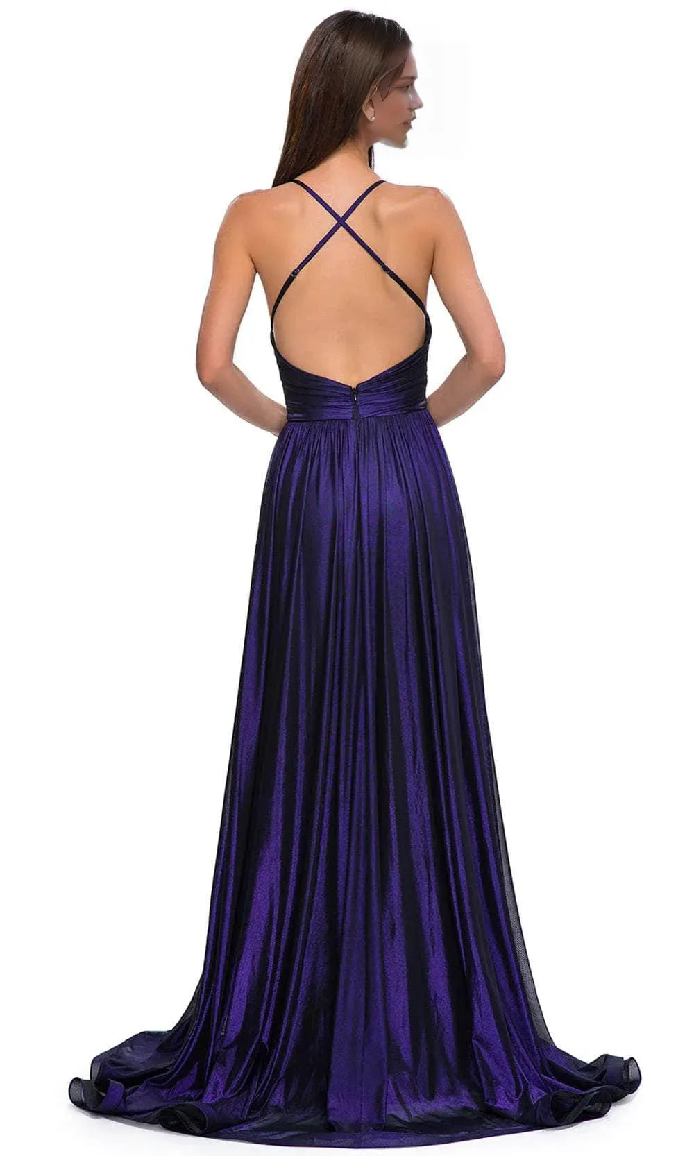 Purple Halter Neck Metallic Prom Dress with Deep V Neckline Wrap Around Bodice and High Side Slit for Formal Evening Galas