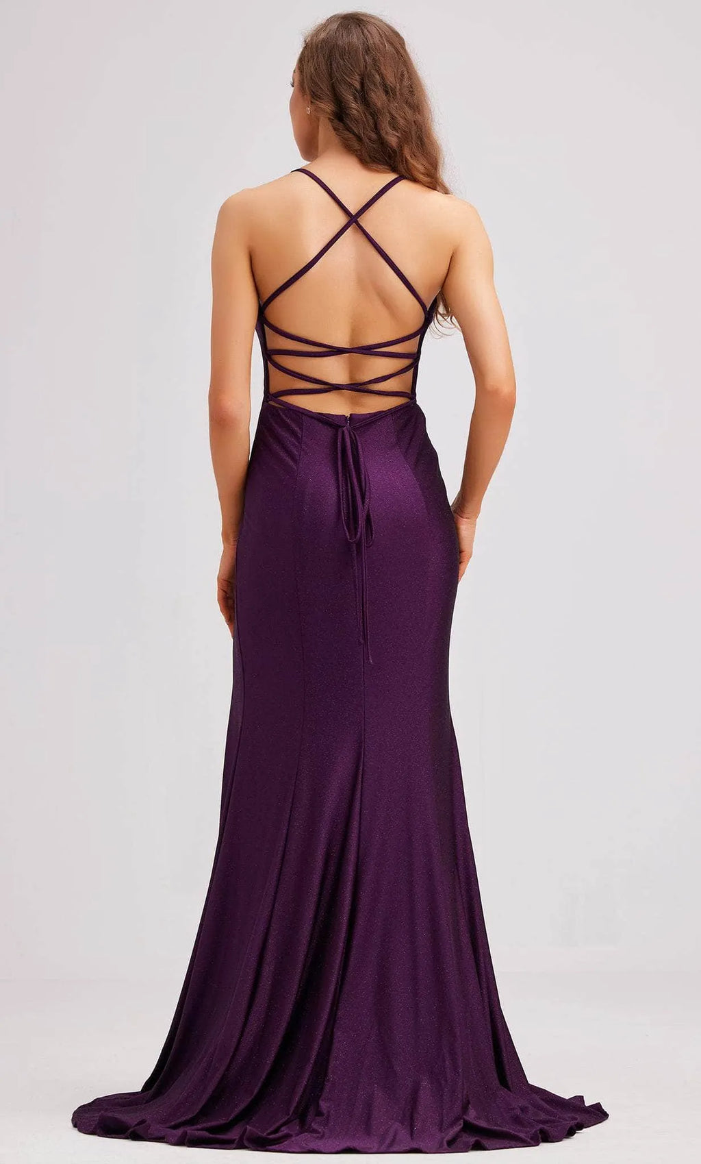 Purple Shimmer Knit Evening Dresses with Plunging V Neck Open Back and High Side Slit Perfect for Proms and Formal Galas