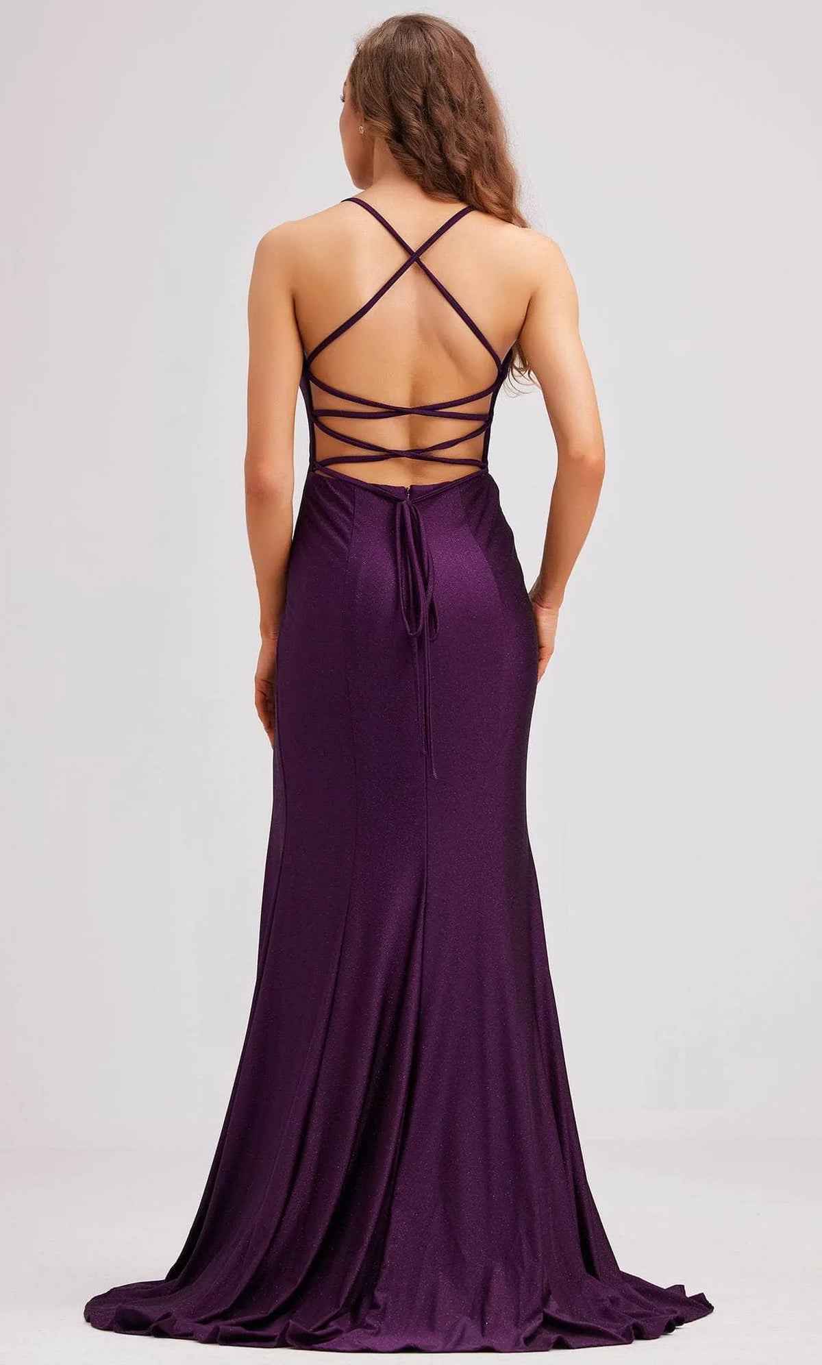 Purple Shimmer Knit Evening Dresses with Plunging V Neck Open Back and High Side Slit Perfect for Proms and Formal Galas