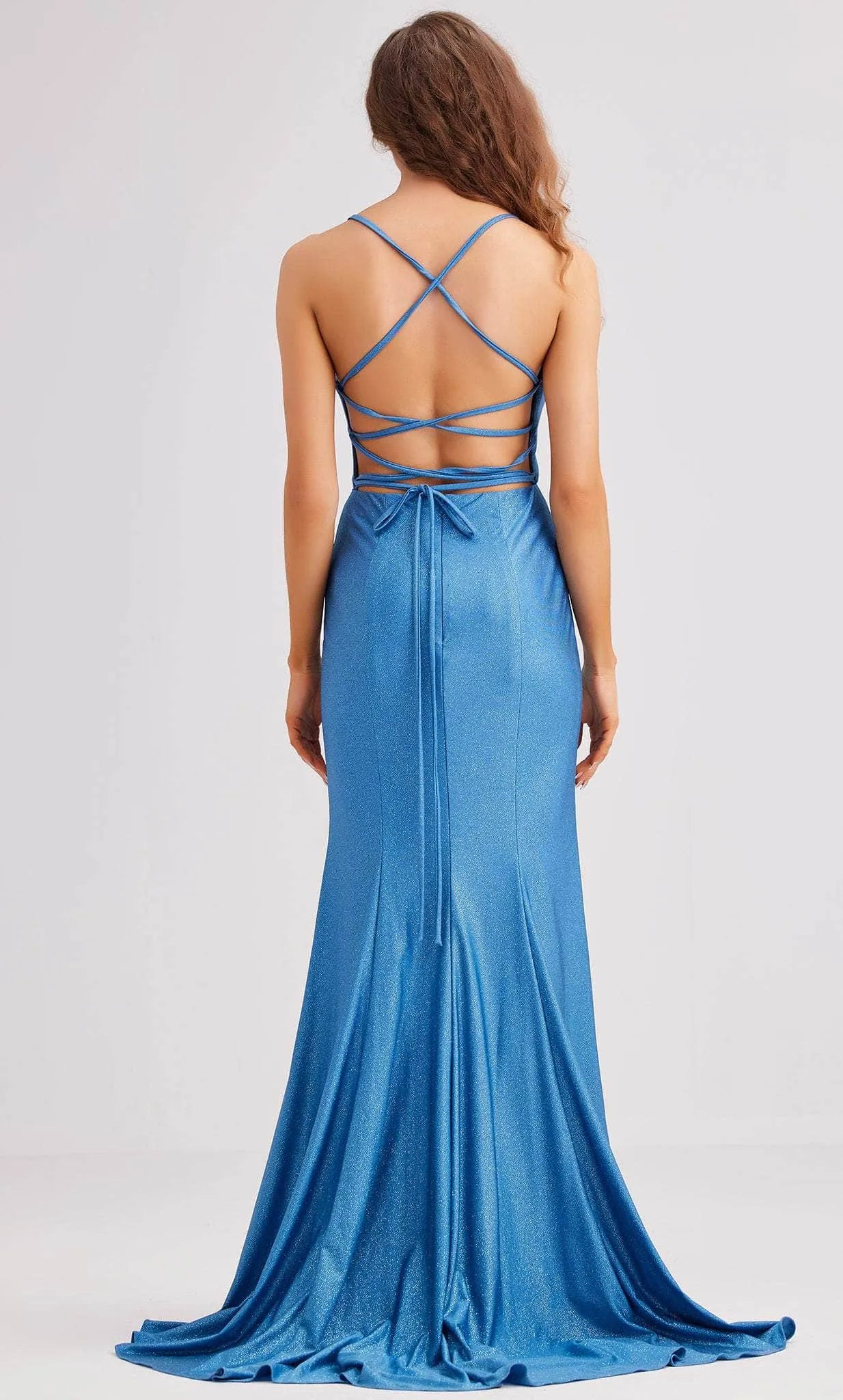 Purple Shimmer Knit Evening Dresses with Plunging V Neck Open Back and High Side Slit Perfect for Proms and Formal Galas