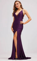 Purple Shimmer Knit Evening Dresses with Plunging V Neck Open Back and High Side Slit Perfect for Proms and Formal Galas