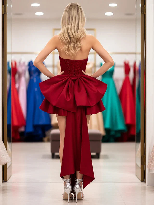 Burgundy Ballgown Strapless Sleeveless Lace-Up Back High-Low Homecoming Dresses