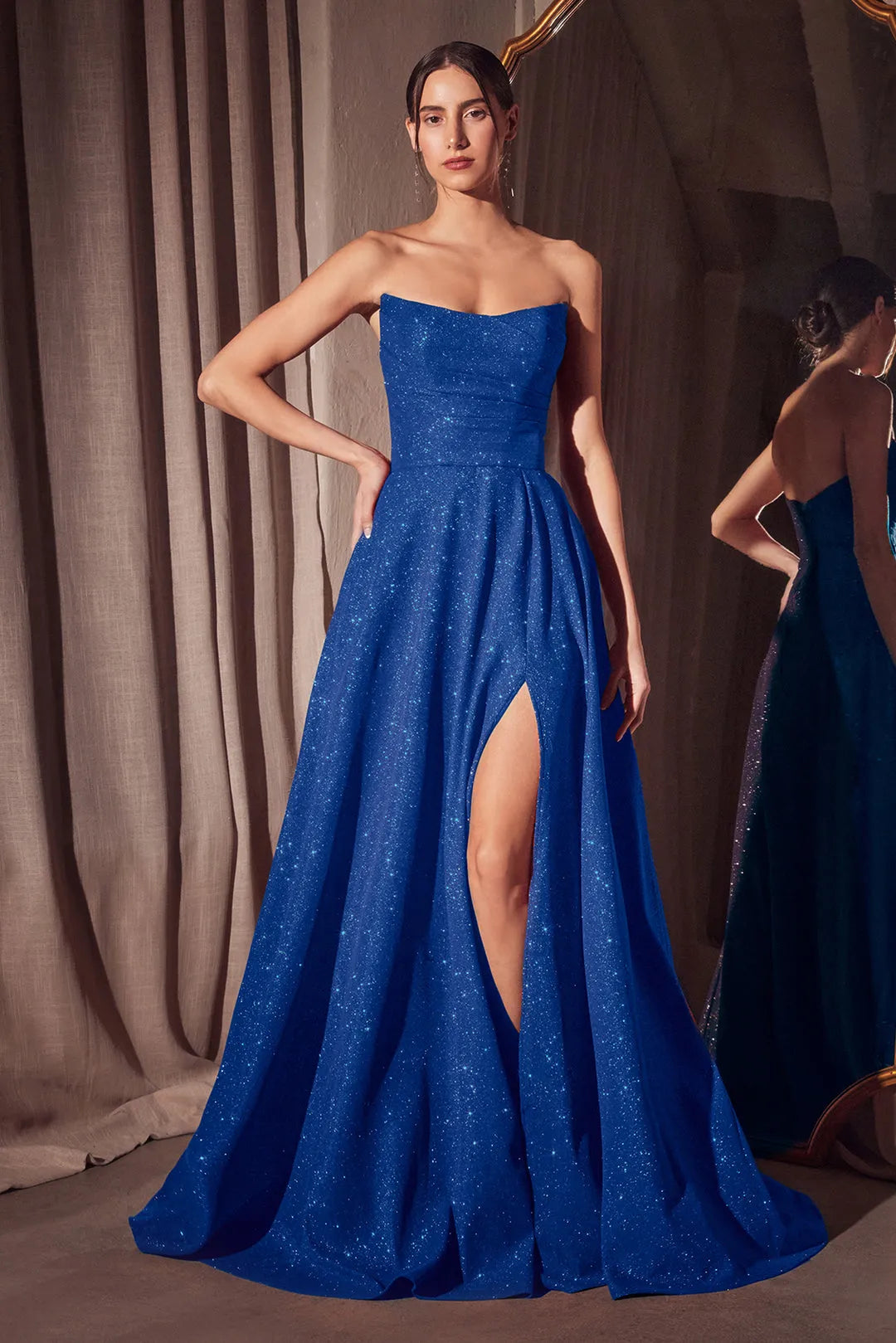 Red Glitter - Infused Prom Dress with Strapless Design and High Slit