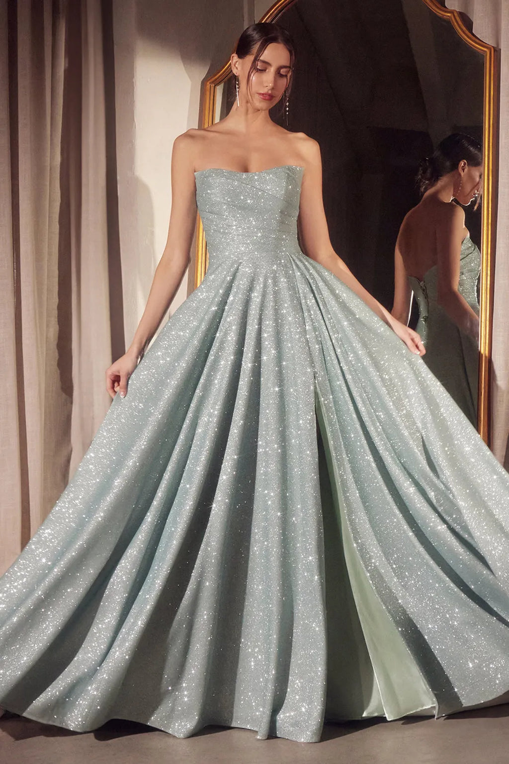Red Glitter - Infused Prom Dress with Strapless Design and High Slit