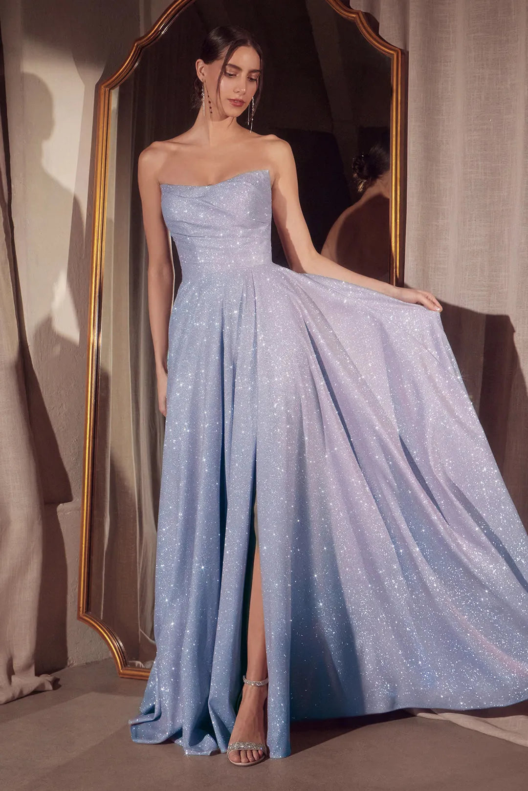Red Glitter - Infused Prom Dress with Strapless Design and High Slit
