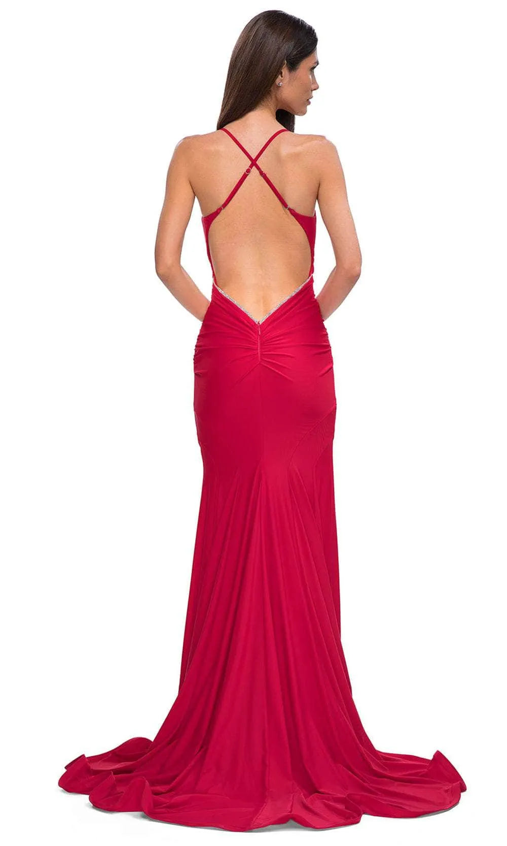 Red Knit Mermaid Prom Gown with Trimmed Neckline and Crisscross Back Straps
