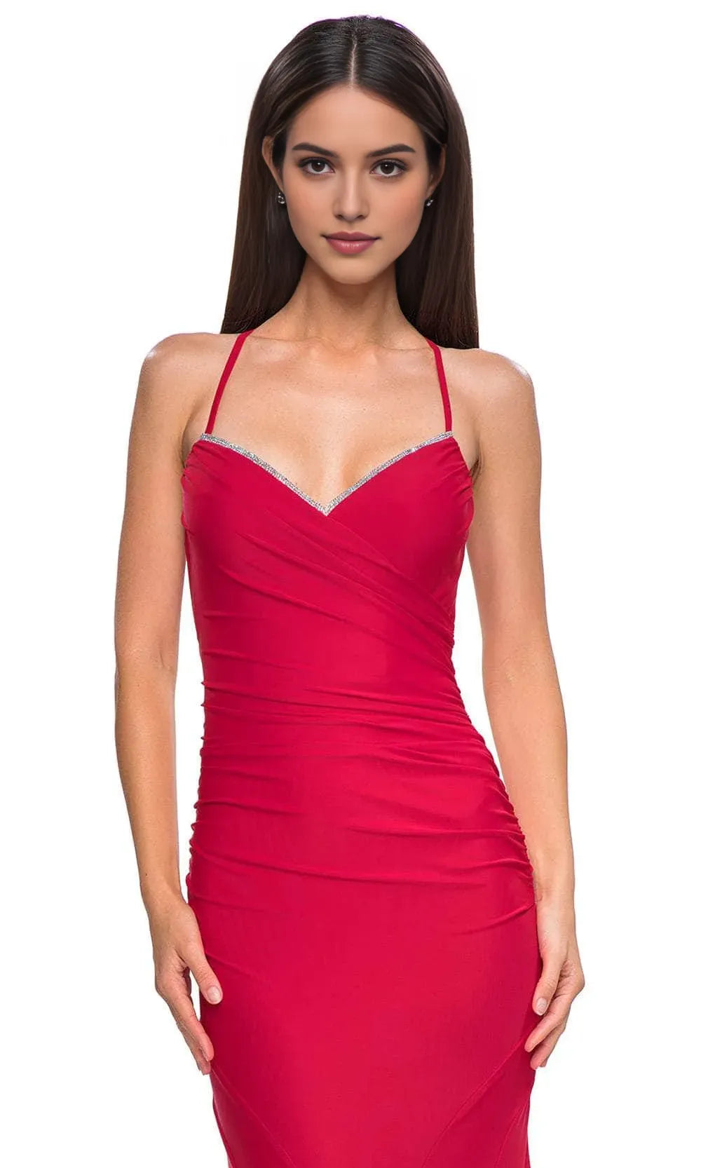 Red Knit Mermaid Prom Gown with Trimmed Neckline and Crisscross Back Straps