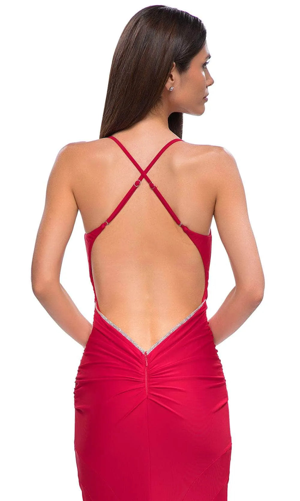 Red Knit Mermaid Prom Gown with Trimmed Neckline and Crisscross Back Straps