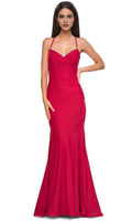 Red Knit Mermaid Prom Gown with Trimmed Neckline and Crisscross Back Straps