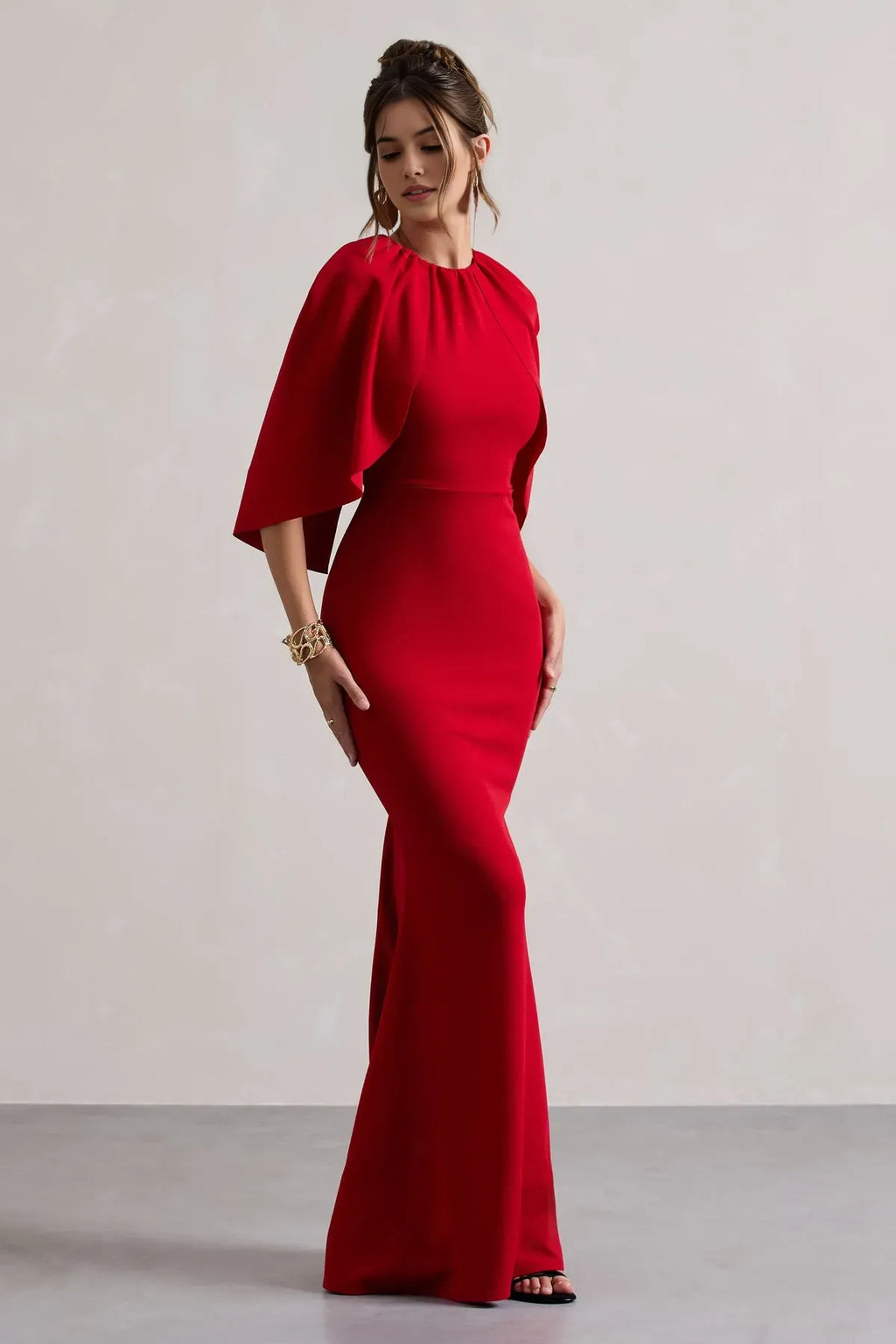 Red Mermaid - Style Prom Dress with Cape Like Flutter Sleeves for a Daringly Elegant Look