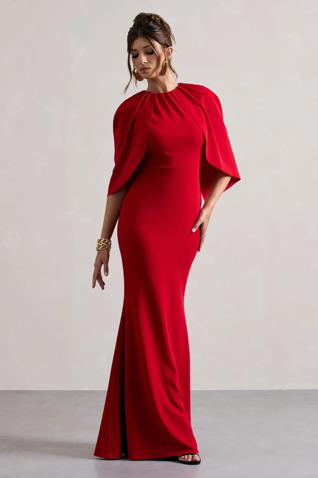 Red Mermaid - Style Prom Dress with Cape Like Flutter Sleeves for a Daringly Elegant Look