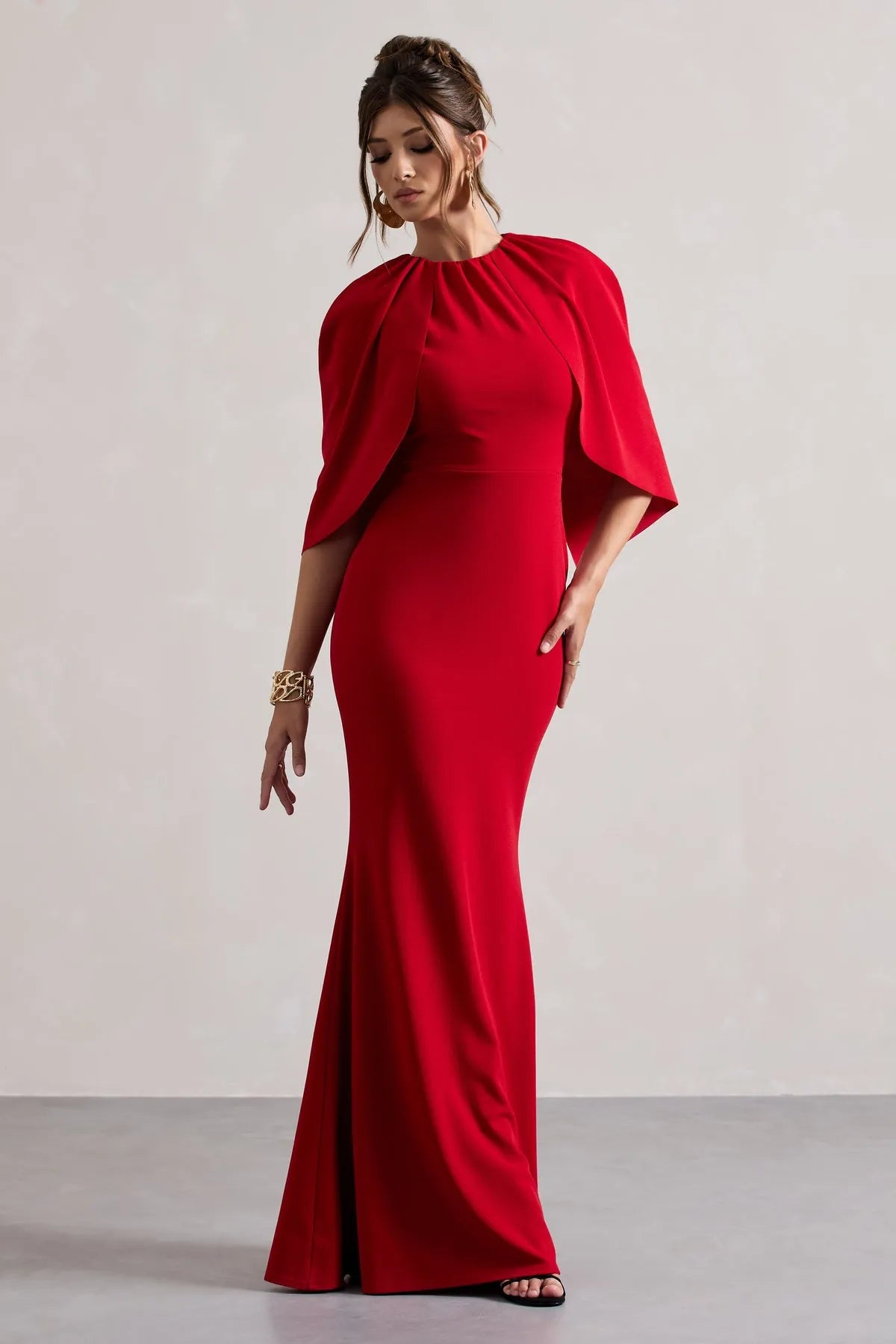 Red Mermaid - Style Prom Dress with Cape Like Flutter Sleeves for a Daringly Elegant Look