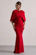 Red Mermaid - Style Prom Dress with Cape Like Flutter Sleeves for a Daringly Elegant Look