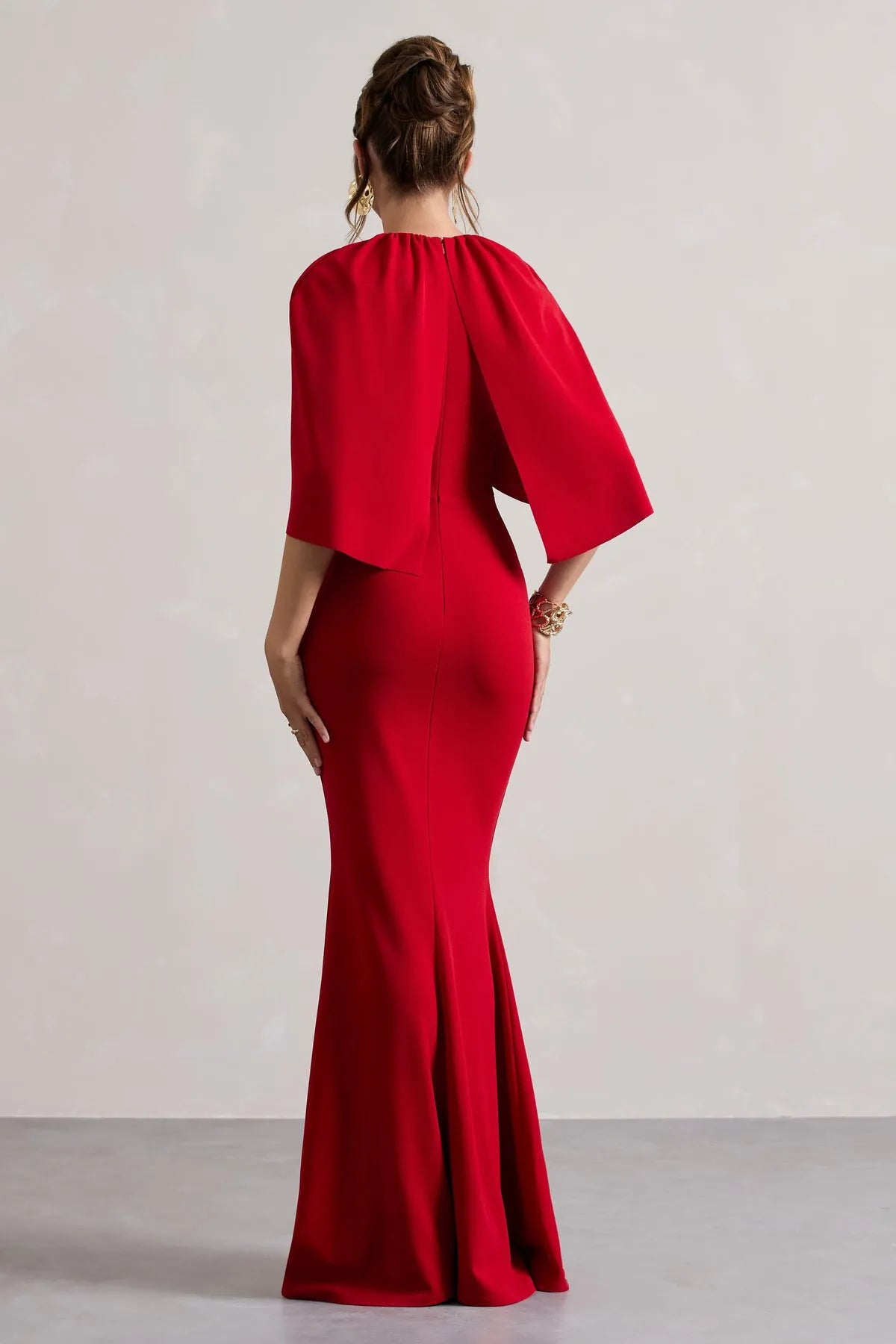 Red Mermaid - Style Prom Dress with Cape Like Flutter Sleeves for a Daringly Elegant Look