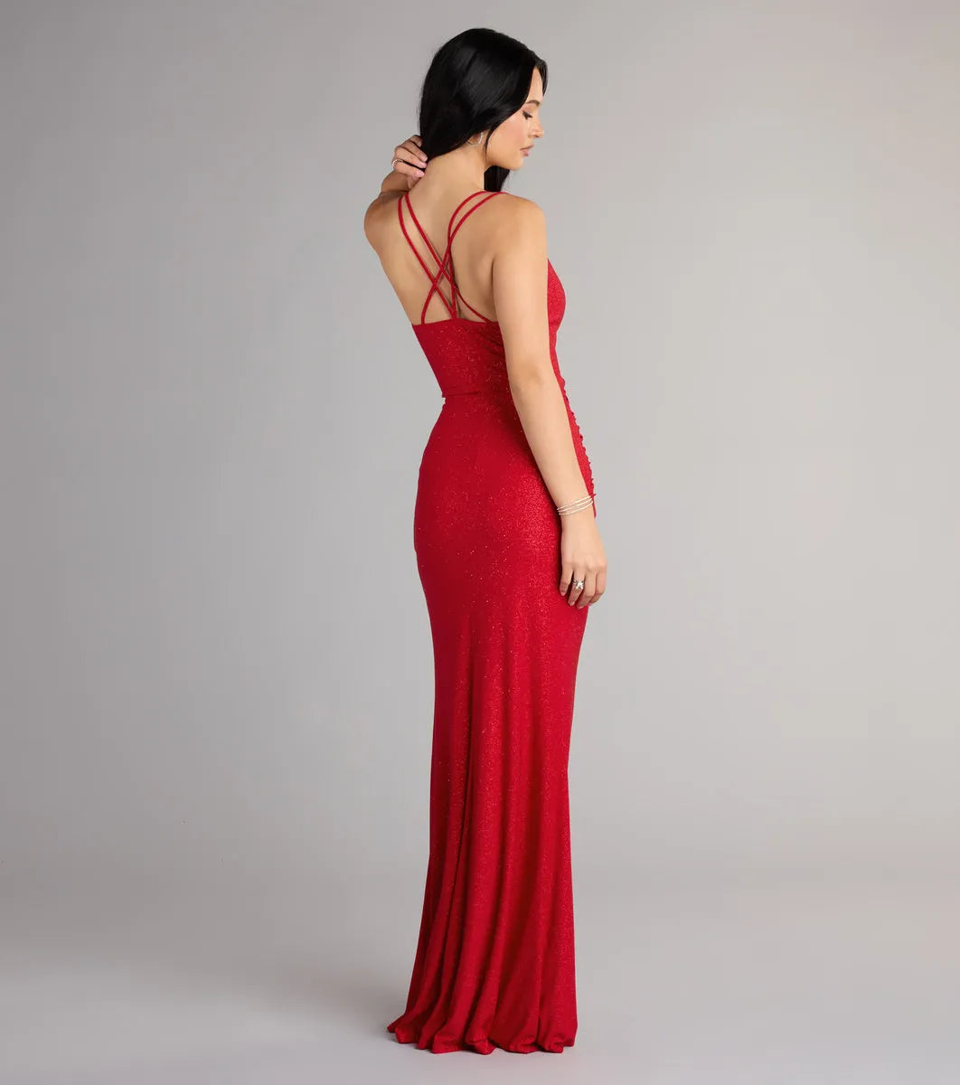 Red Mermaid Cowl Neckline Spaghetti Straps Crisscross-Strap Floor-Length Glitter Ruffle Slit Prom Dress