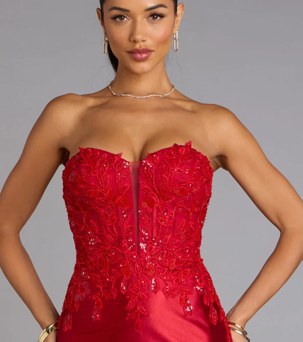Red Mermaid Strapless Neck Sleeveless Appliques Back Zip Floor-Length Prom Dresses