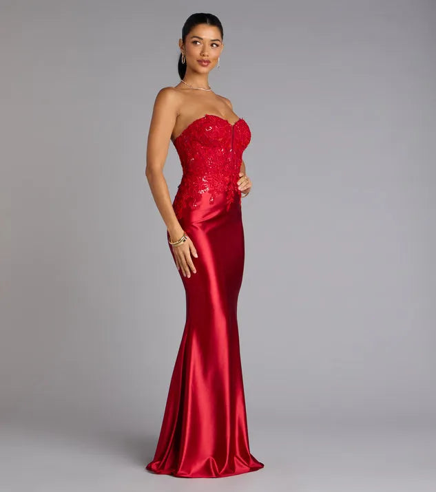 Red Mermaid Strapless Neck Sleeveless Appliques Back Zip Floor-Length Prom Dresses