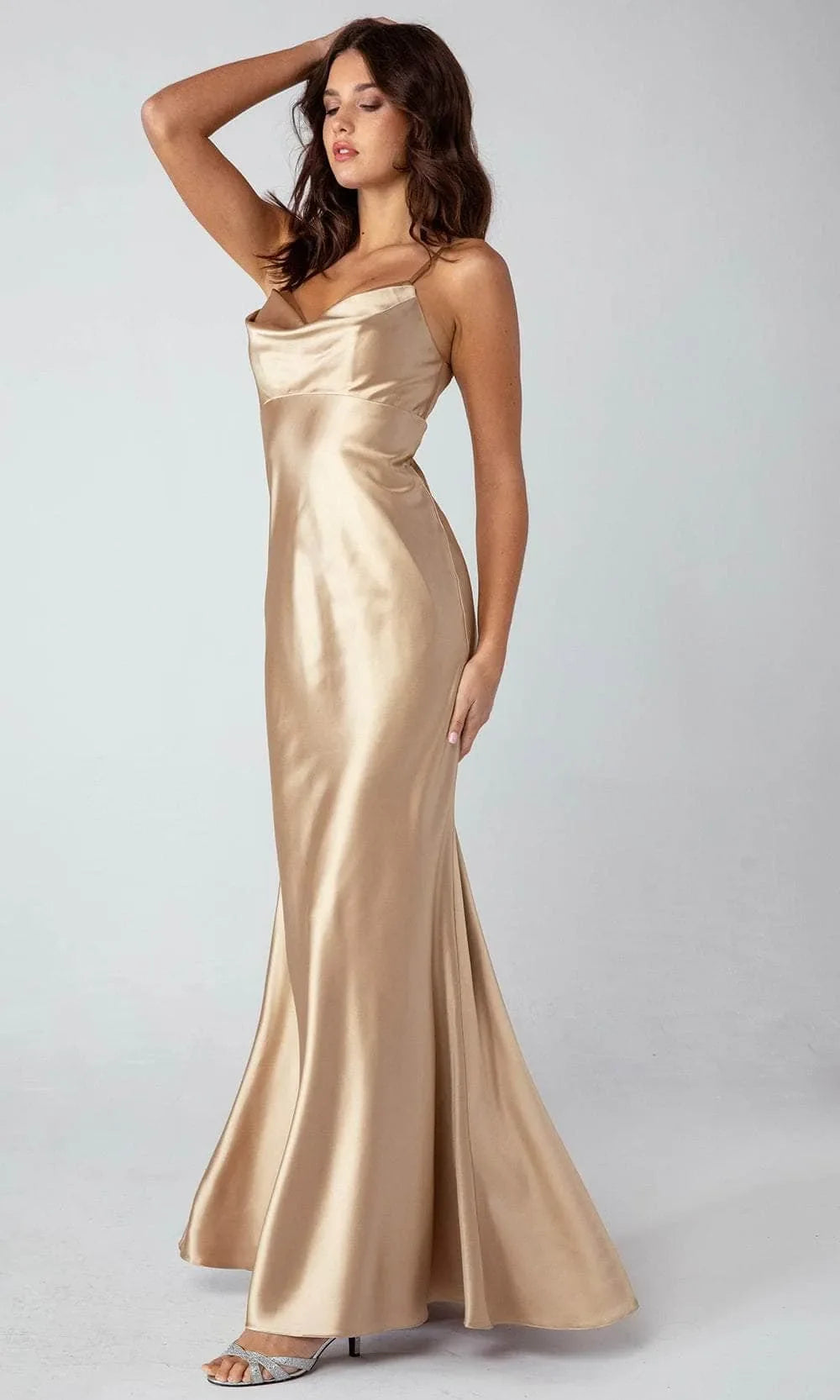 Red Evening Dress with Cowl Neckline Spaghetti Straps and Flowing Maxi Skirt