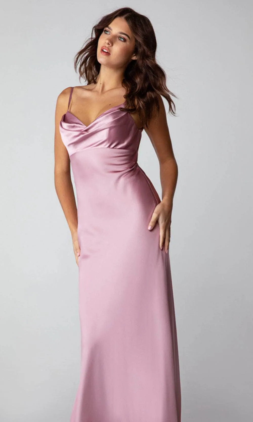 Red Evening Dress with Cowl Neckline Spaghetti Straps and Flowing Maxi Skirt