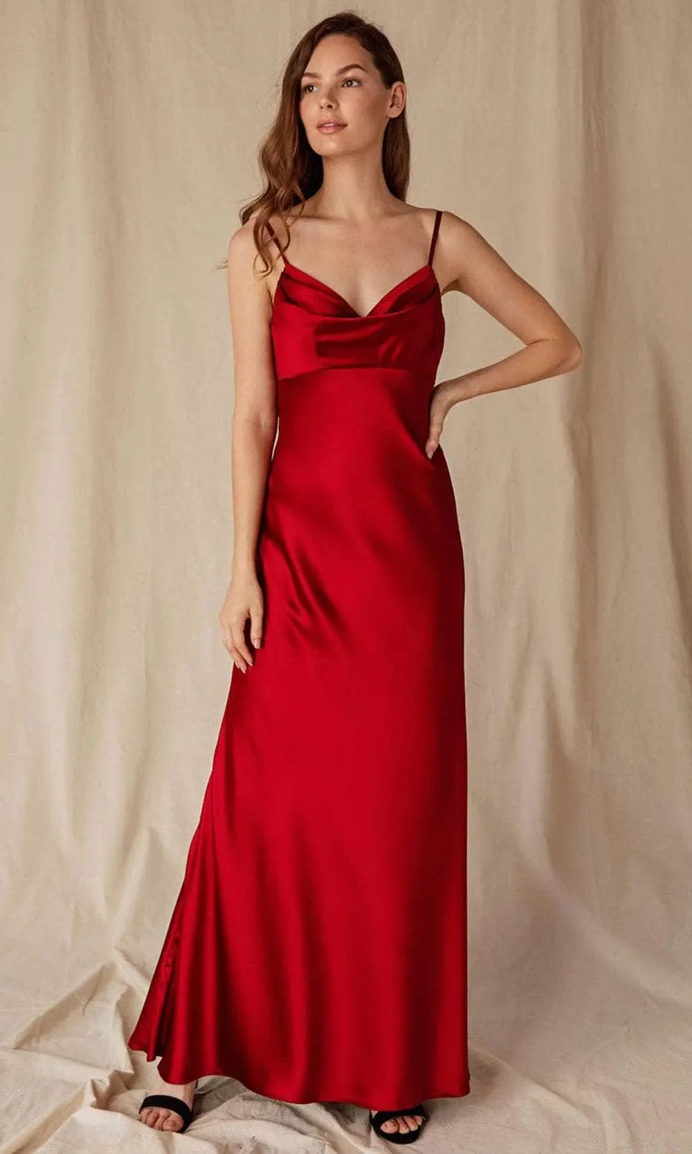 Red Evening Dress with Cowl Neckline Spaghetti Straps and Flowing Maxi Skirt