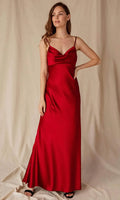 Red Evening Dress with Cowl Neckline Spaghetti Straps and Flowing Maxi Skirt
