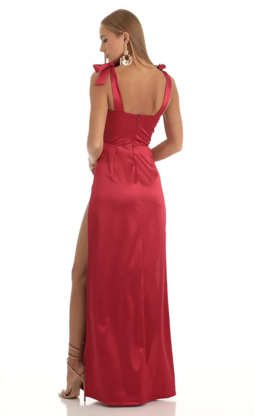 Red Prom Dress Bow Detailed Straps Sweetheart Neckline High Slit Enchant Prom Night