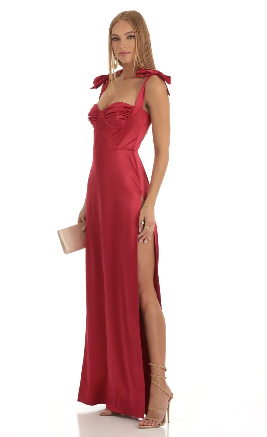 Red Prom Dress Bow Detailed Straps Sweetheart Neckline High Slit Enchant Prom Night