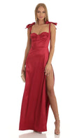 Red Prom Dress Bow Detailed Straps Sweetheart Neckline High Slit Enchant Prom Night