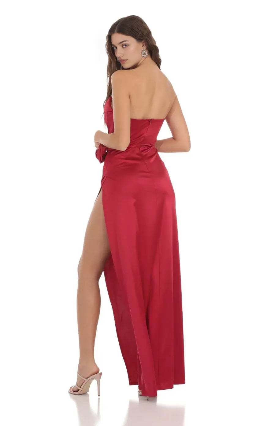 Red Prom Dress Strapless Cowl Neck Rose Accent High Slit Shine at Prom Night
