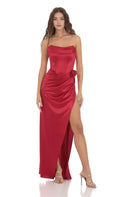 Red Prom Dress Strapless Cowl Neck Rose Accent High Slit Shine at Prom Night