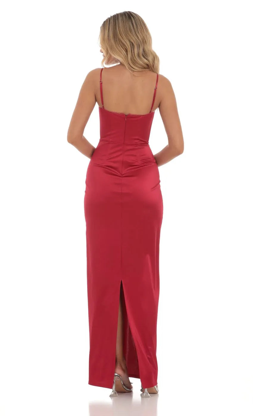 Red Prom Dress with Corset Inspired Bustier Spaghetti Straps