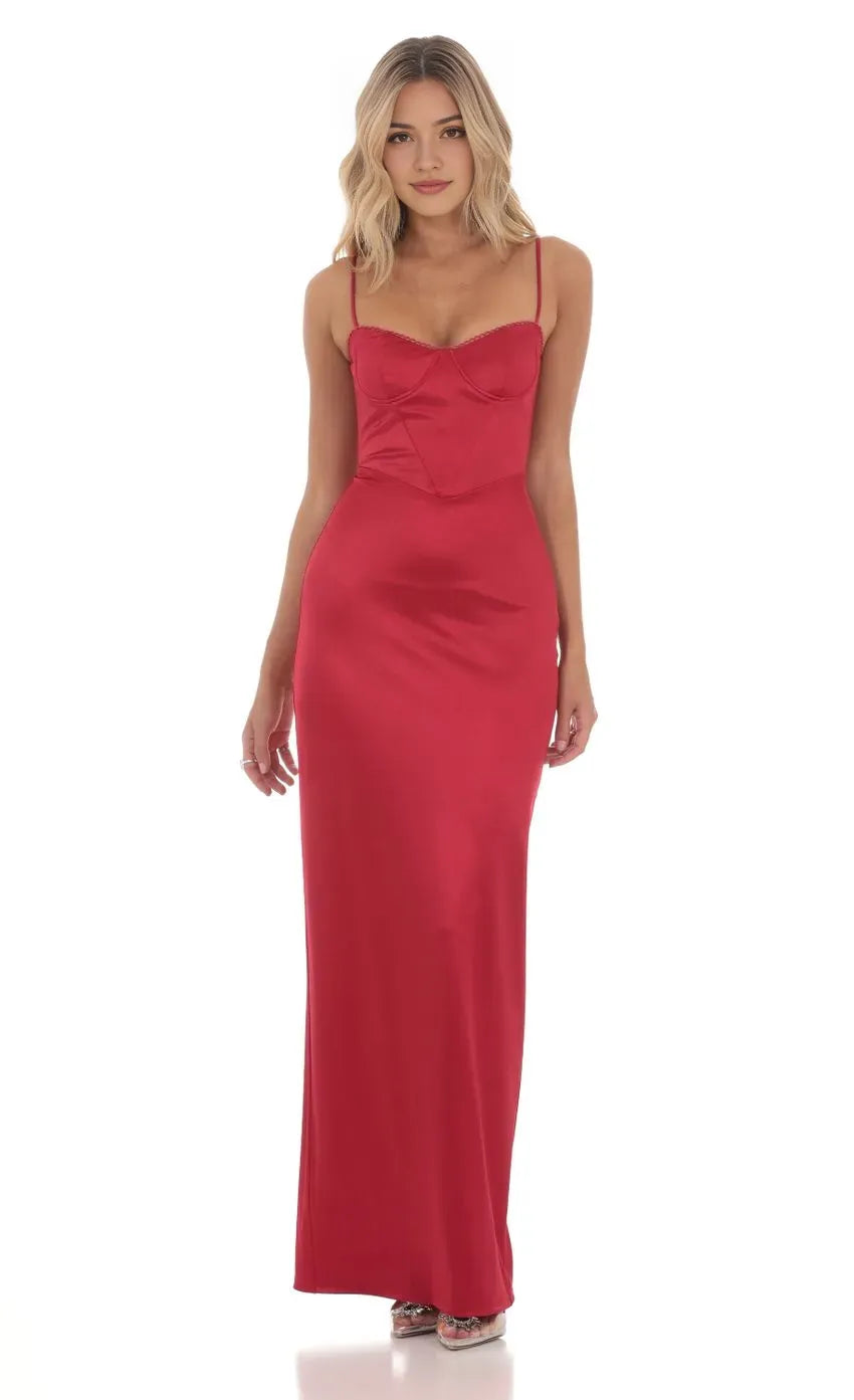 Red Prom Dress with Corset Inspired Bustier Spaghetti Straps