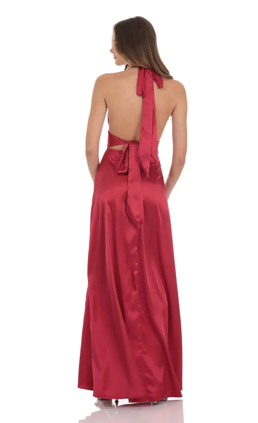 Sheath Halter Neck Sleeveless Tie-Back Floor-Length Prom Dress Side Leg Slit