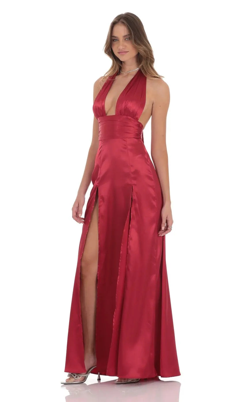 Sheath Halter Neck Sleeveless Tie-Back Floor-Length Prom Dress Side Leg Slit