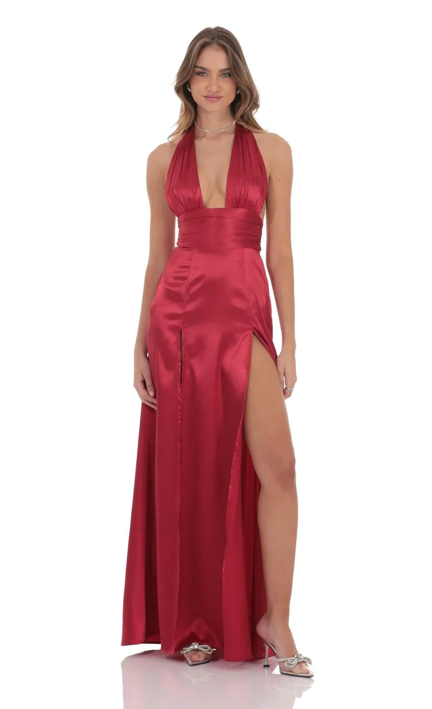 Sheath Halter Neck Sleeveless Tie-Back Floor-Length Prom Dress Side Leg Slit