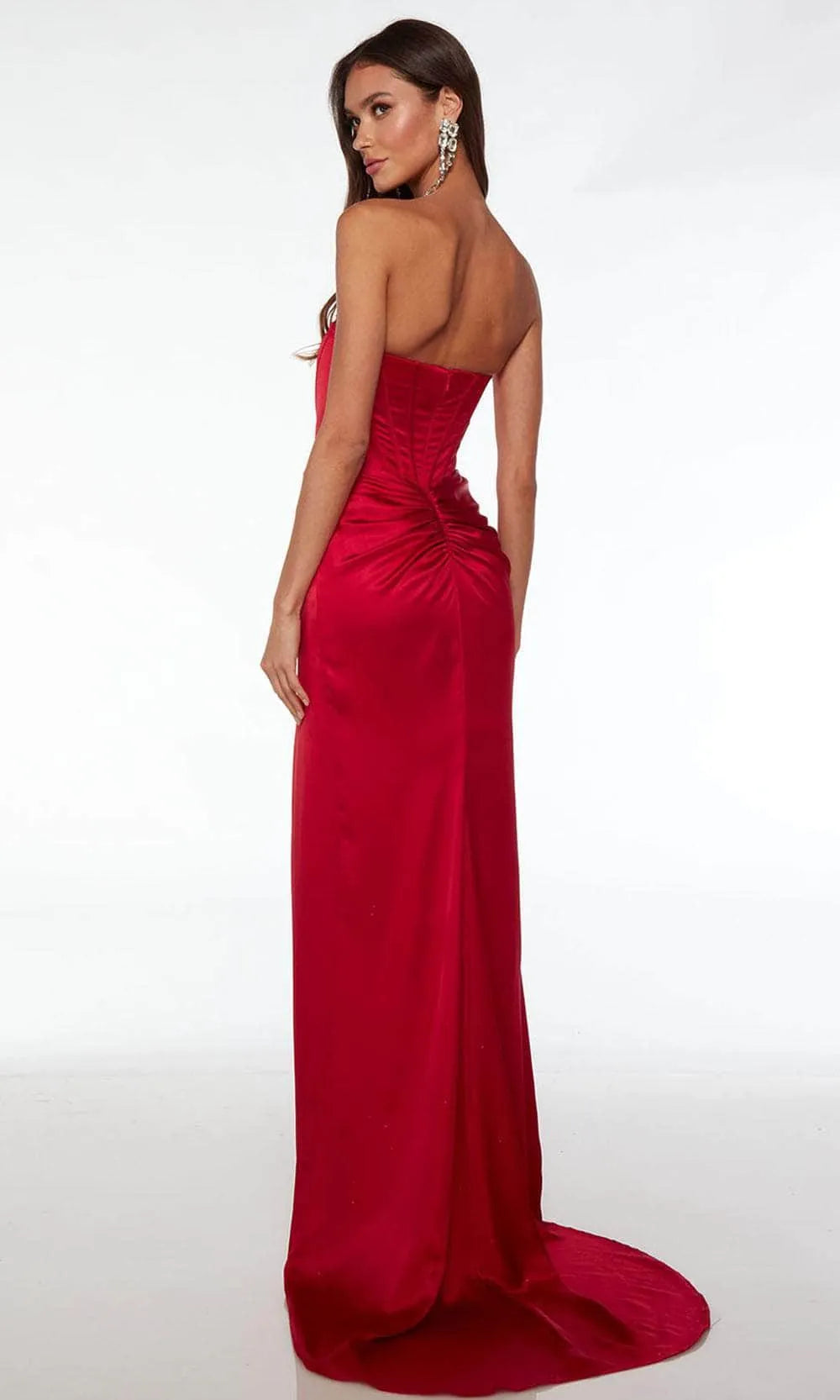 Red Strapless Evening Dress with Corset Style Bodice Draped Detail and High Side Slit