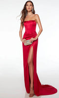 Red Strapless Evening Dress with Corset Style Bodice Draped Detail and High Side Slit