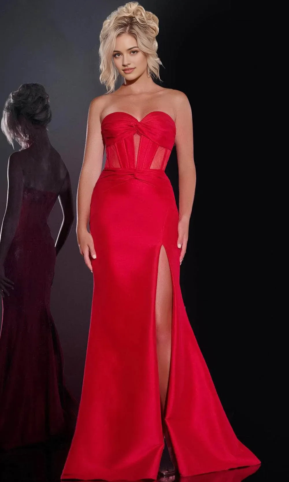 Red Strapless Prom Dress with Sheer Corset Detailing and High Slit
