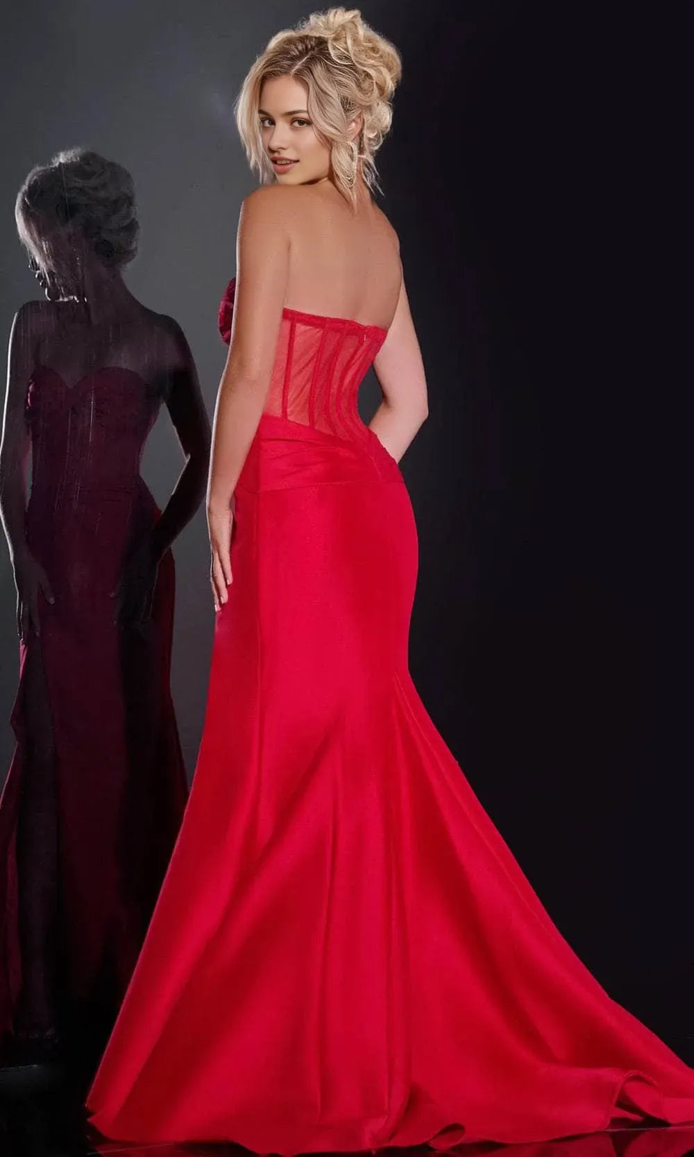 Red Strapless Prom Dress with Sheer Corset Detailing and High Slit