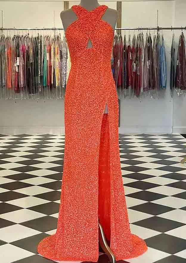 Red Ball Gown with Crisscross Halter Neck Cut Out Front Side Slit Perfect for Retro Themed Proms Old Hollywood Galas Opulent Evening Affairs