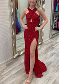 Red Ball Gown with Crisscross Halter Neck Cut Out Front Side Slit Perfect for Retro Themed Proms Old Hollywood Galas Opulent Evening Affairs