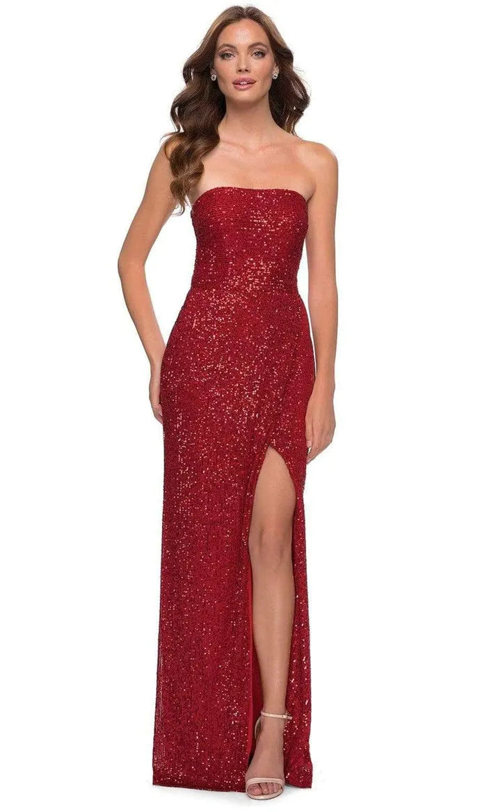 Red Strapless Prom Dress with High Side Slit for Sparkling Evenings