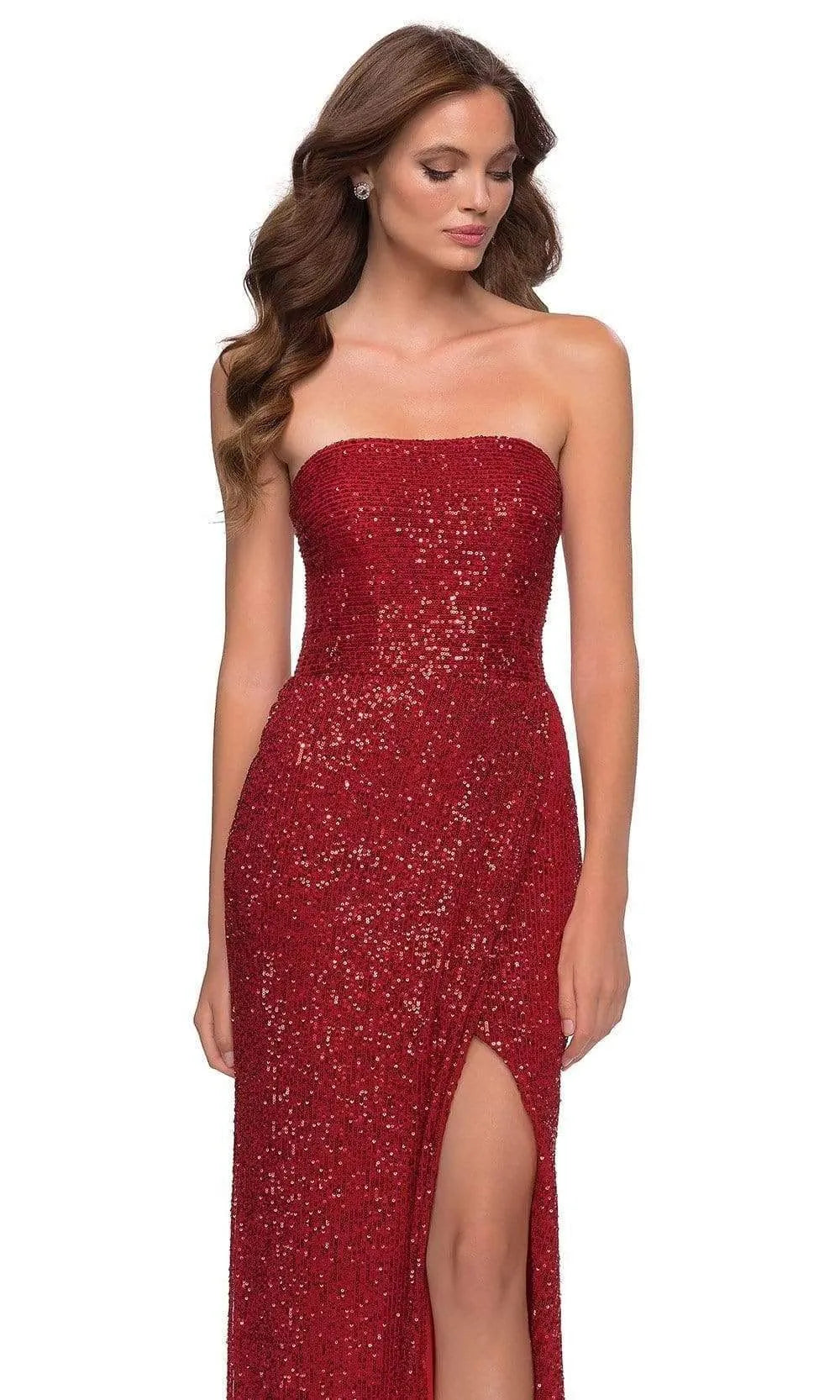Red Strapless Prom Dress with High Side Slit for Sparkling Evenings