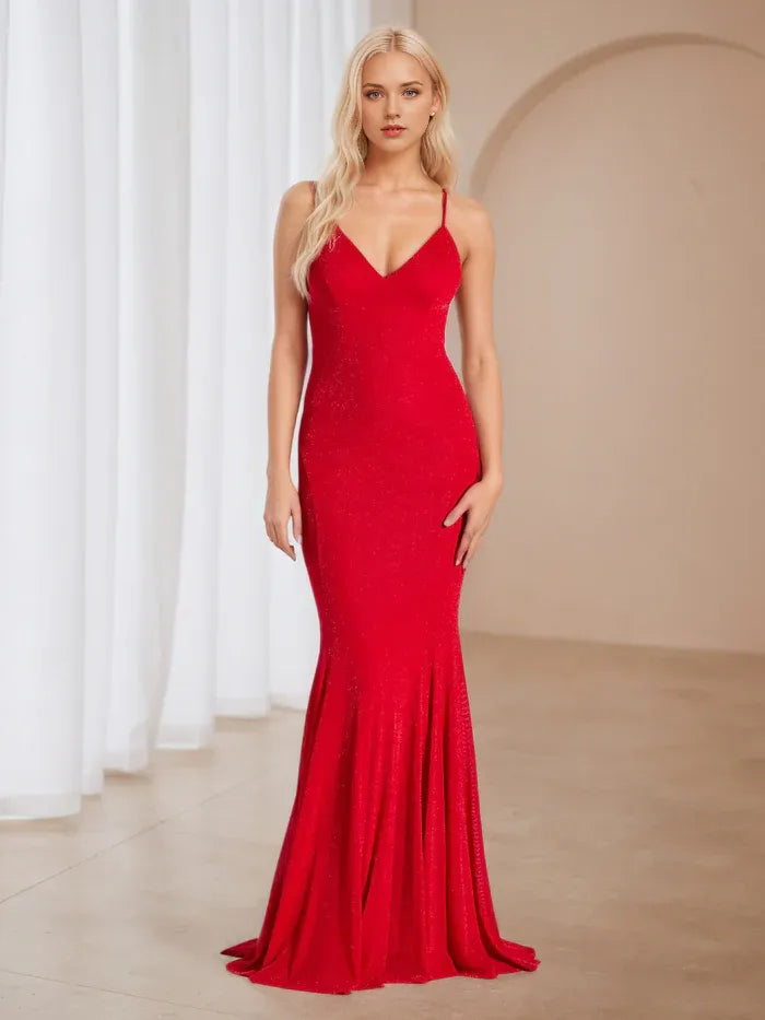Red Sparkle Mermaid Prom Dress Spaghetti Straps Deep V - Neck