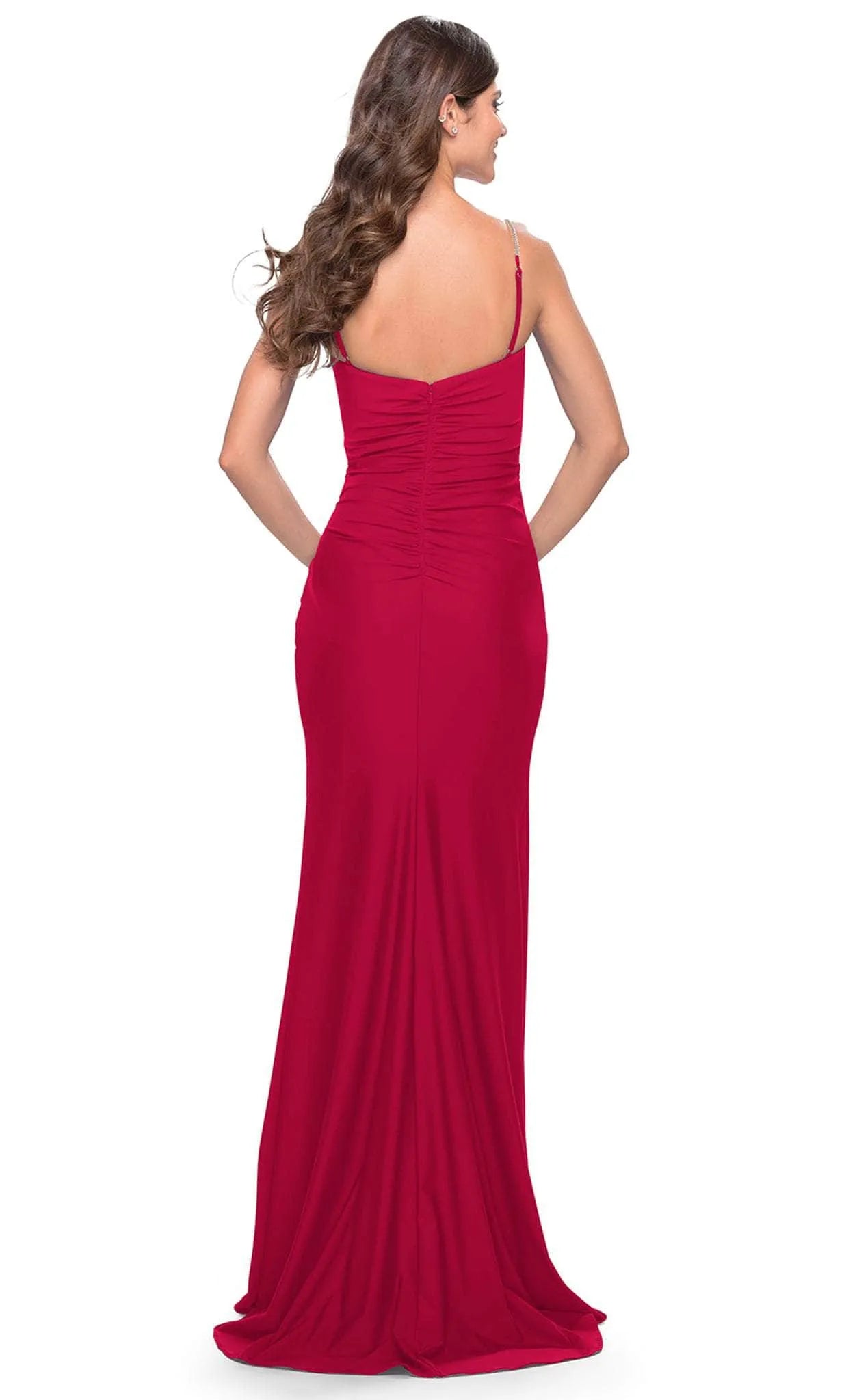 Red Sweetheart Neckline Evening Gown with Straps Draped Bodice and High Side Slit